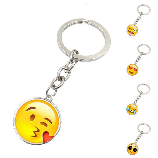 High Quality New Hot Fashion Emoji Smiley Face Time Precious Stones Pendant Metal Glass Keychain Jewelry for Women Men Girl Gift