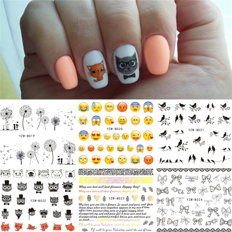 6 Sheets 2019 Nail Wrap Decals Decor Mixed Bird Cute Cat Dandelion Face Emoji etc Designs Water Transfer Nails Art Sticker